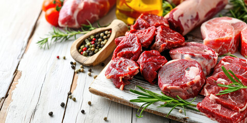 Assorted Fresh Meat and Charcuterie with rosemary on Wooden Board with copy space. Variety of raw meats and cold cuts meat products.
