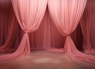 Pink silk curtains on pink background. Light luxury elegant fabric background