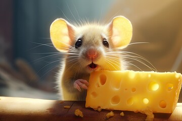 A cute little rodent mouse or rat is holding cheese.