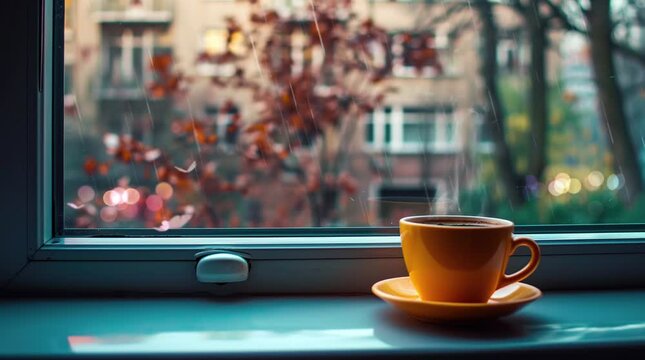 cup of tea on spring window Seamless looping 4k time-lapse virtual video animation background. Generated AI