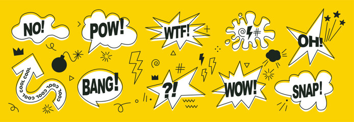 A set of speech bubbles, arrows. Comic text sound effects. Banner, poster, sticker concept. Expression funny style text Boom, Pow. Explosion. Vector bright cartoon messages. Anime icons. Pop art style - 713273723