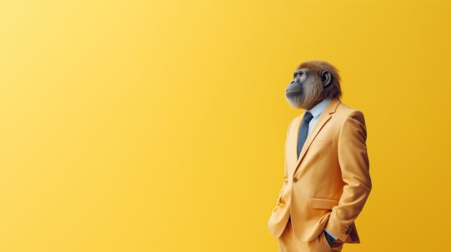 Sophisticated Mandrill in a Yellow Suit Posing, Unique and Creative Animal Portrait