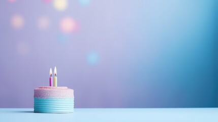 Obraz na płótnie Canvas Pastel Birthday Cake with Candles on Blue and Purple Gradient Background, Minimalist Celebration Concept