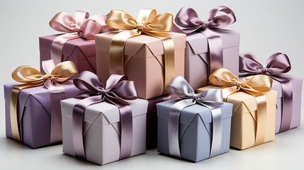 Pile of elegant gift boxes with silky ribbons, luxurious packaging, celebration and gifting