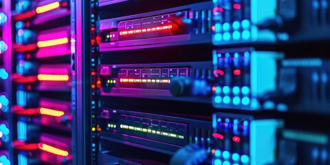 Naklejka premium Network Server Room with Racks. Closeup wallpaper of Blurred servers in data center with blue lights.