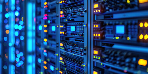 Network Server Room with Racks. Closeup wallpaper of Blurred servers in data center with blue lights.