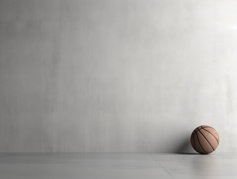 Sporty minimalistic gray background with empty space for text. Basketball ball on gray wall with copy space. Sports and healthy lifestyle concept
