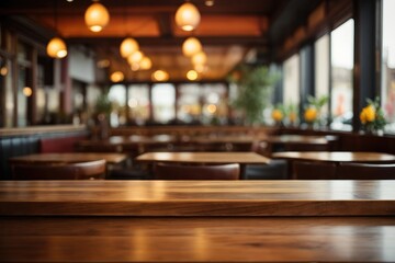 Interior of a restaurant with a blurred table and chairs background