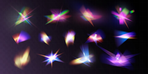 Light crystal shiny hologram bokeh. Set of transparent color effects.	
