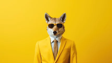 Selbstklebende Fototapeten Fashionable Coyote with Sunglasses on a Bold Yellow Background, Quirky and Fun Animal Portrait © logonv