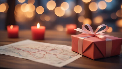 Fototapeta na wymiar Gift box with red ribbon and map on wooden table with blurred bokeh background. Generative AI