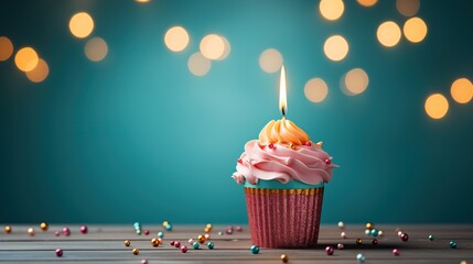 Delicate cupcake with pink icing and single candle, bokeh background, celebration theme