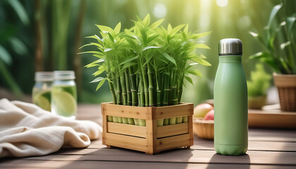 Green bamboo sprouts in a wooden box and a green thermos bottle. Generative AI - obrazy, fototapety, plakaty