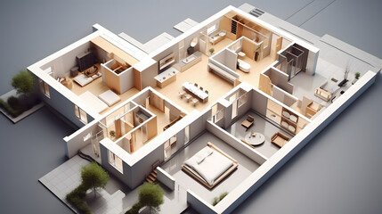 Définition des espaces d'une maison pour un projet immobilier. Plan 3D d'architecte.