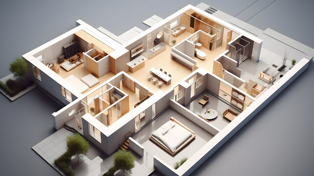 D&eacute;finition des espaces d'une maison pour un projet immobilier. Plan 3D d'architecte.