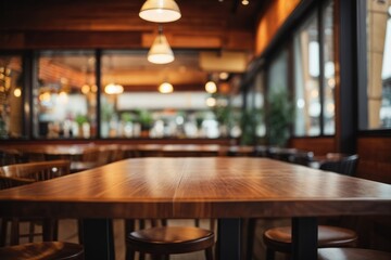 Interior of a restaurant with a blurred table and chairs background