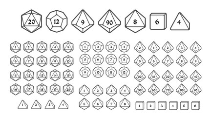 D4, D6, D8, D10, D12, and D20 Dice Icons for Boardgames With Numbers, Line Style - obrazy, fototapety, plakaty