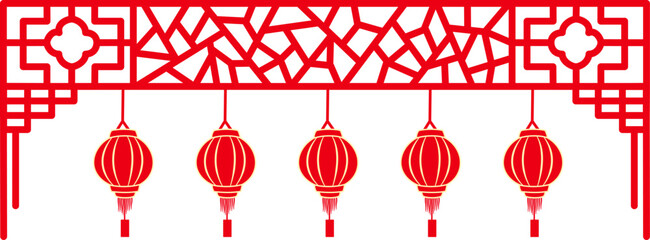 Traditional Red Lantern Banner. Asian Festival Hanging Lanterns with Geometric Lattice Design, Chinese New Year Decoration, Oriental Holiday Border, Lunar New Year Celebration Art