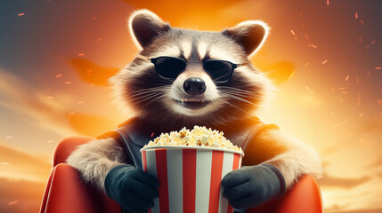 Stylized raccoon character in sunglasses and superhero cape enjoying a movie snack against a cinematic fiery sunset, ideal for movie-themed promotions or entertainment content. High quality