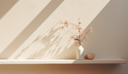 White empty room with vase for flowers, light background with shadows, sunlight Minimalistic