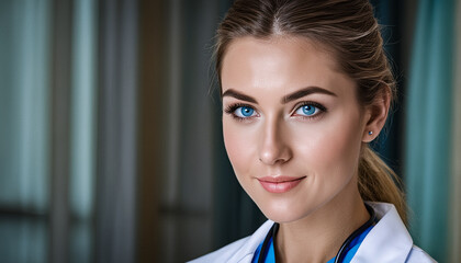 Portrait of a beautiful young nurse student in hospital, doctor with stethoscope, young nursing students