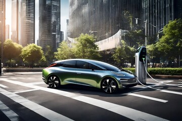  a sleek electric car charging at a modern station, surrounded by lush greenery and a bustling cityscape in the background 