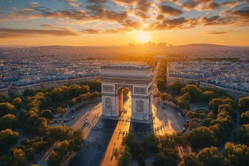 Rolgordijnen Parijs Arc de Triomphe in France, Paris, aerial view on a scenic sunset