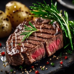 Image of beef steak with potatoes and vegetable