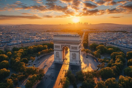 Fototapeta Arc de Triomphe in France, Paris, aerial view on a scenic sunset