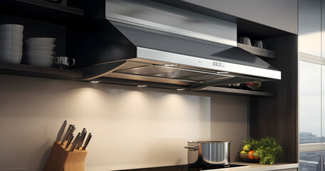 
Lovely kitchen with hood internal structure function, clean background