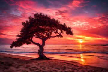 sunset over the sea and a tree on beach