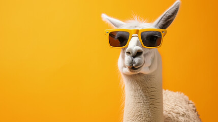 Funny llama wearing sunglasses with a soft color background. Lama glama. AI Generative - obrazy, fototapety, plakaty
