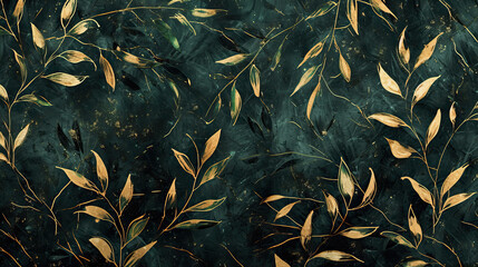 Green and gold leaves on a dark green background
