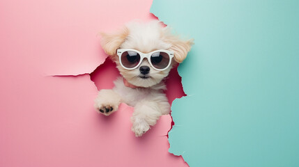 dog wearing sunglasses peeking out of a hole in pastel color, fluffy puppy jump out - obrazy, fototapety, plakaty