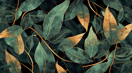 Green and gold leaves on a dark green background
