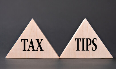 TAX and TIPS - words on wooden triangles on dark background