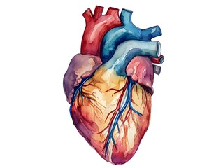 Human anatomical heart, realistic watercolor style, isolated on white background. AI generated. - obrazy, fototapety, plakaty