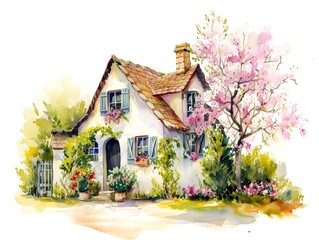 Watercolor drawing of little country village house with small blooming garden and flowers around it, spring time. AI generated.