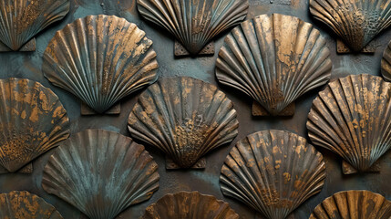 Texture of golden shells on a dark background
