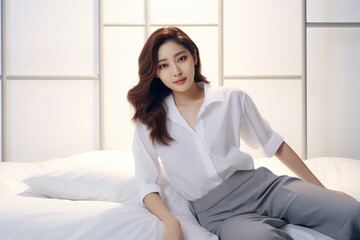 Asian woman sitting on a white bed