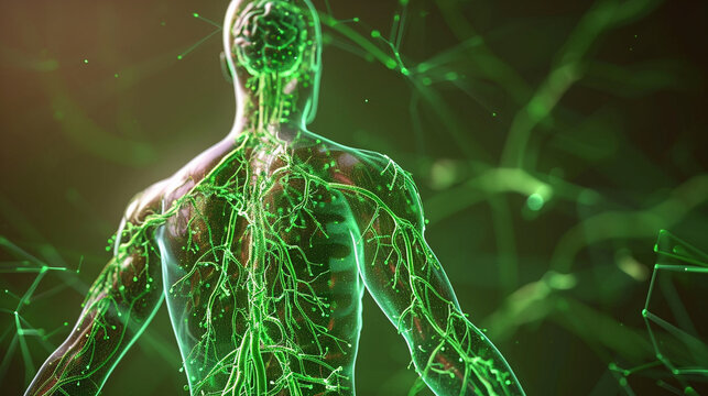 A detailed and artistically enhanced illustration showcasing the network of lymphatic vessels within the human body, beautifully highlighting their intricate pathways and role in i