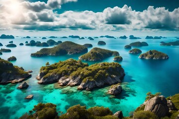 a Western archipelago, with rocky cliffs, turquoise waters, and distant islands, creating a sense of remote and untouched coastal paradise