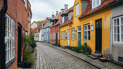 Fototapeta na wymiar European street with bright, colorful, one-story cozy houses 