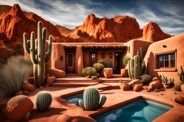 a serene image of a Western desert retreat, featuring adobe-style architecture, cactus gardens, and warm terracotta hues under the expansive blue sky
