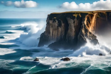  a coastal cliff in the Western region, where waves crash against the rocks, sending salty mist...