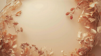 Beige background with frame of flowers, branches and leaves
