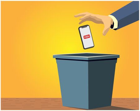 Hand dropping a mobile phone full of notifications into trash. Digital burnout concept 