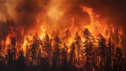 A dramatic scene of a forest engulfed in intense flames, illustrating the devastating impact of wild