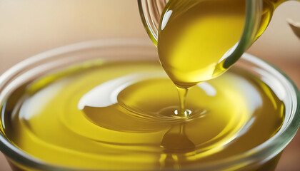 Olive oil pouring into a bowl, close-up, shallow depth of field. Generative AI