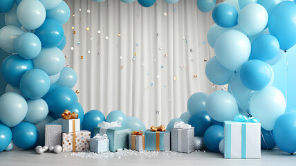 Design creative concept  birthday, party boys  celebration  bright color style balloons, kids style. Balloon decorated backdrop for birthday party.